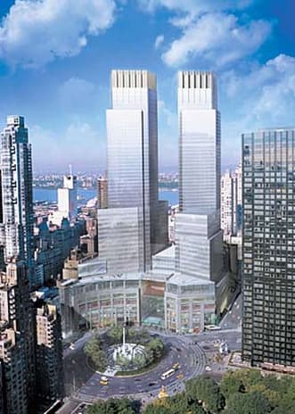 Aerial view of Deutsche Bank Center towers at 10 Columbus Circle