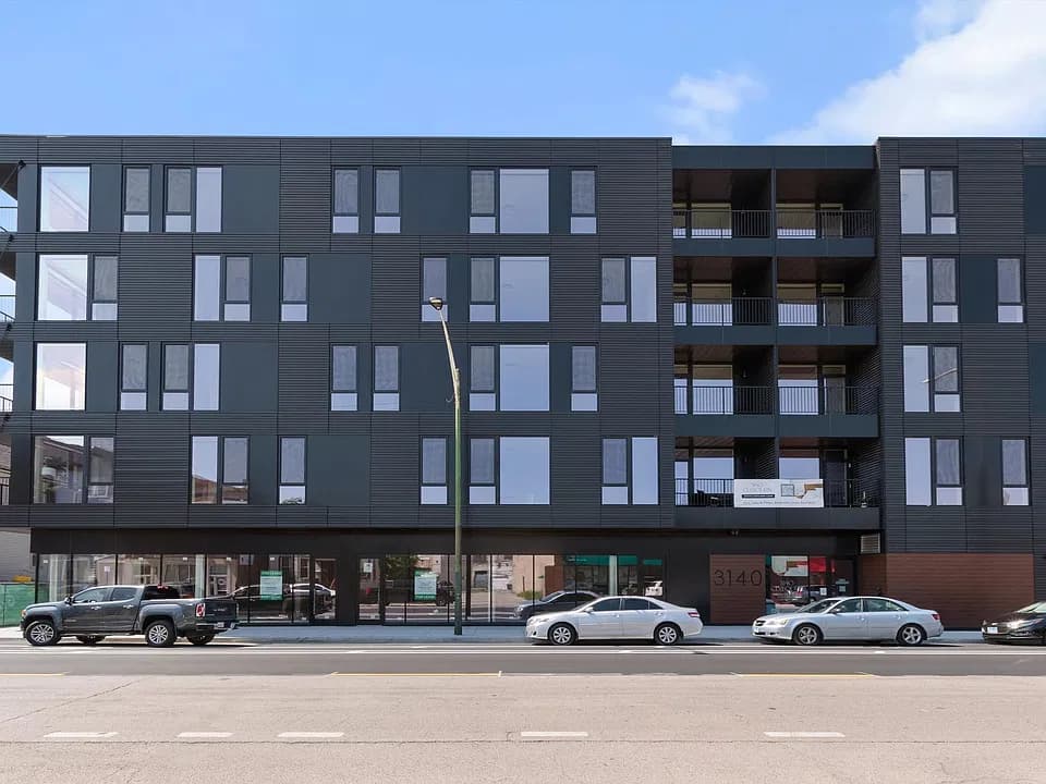 Dark paneled apartment building at 3140 N Clybourn