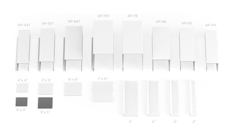 Contract Pocket profile sizes and fascia dimensions, from AP-44 to AP-79T