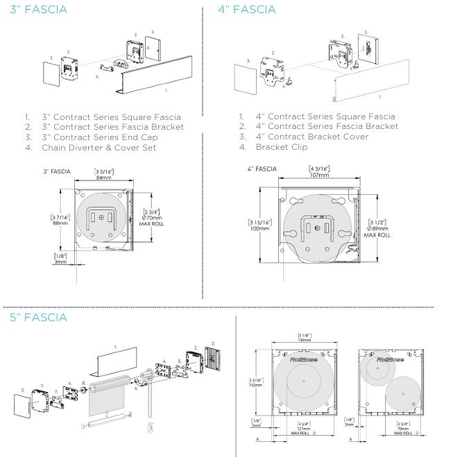 Fascia profiles and component diagrams for 3-inch, 4-inch and 5-inch widths