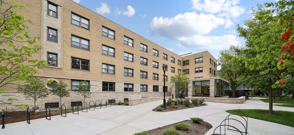 McCulloch Hall residence building and landscaped courtyard at Northwestern University