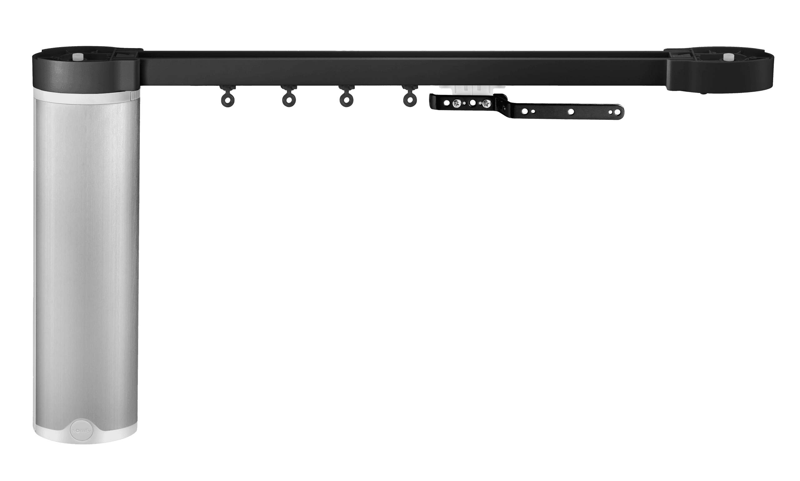 PowerMove® PM8/PM9 motorized drapery track in matte black, with drapery hooks and mounting bracket.